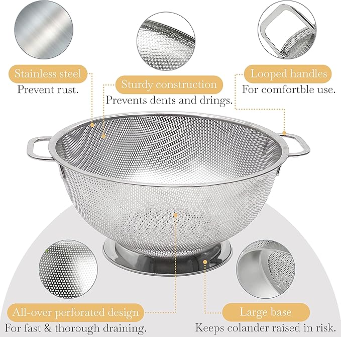 Bellemain Colander for Kitchen ??5 Qt Stainless Steel Strainer with Handle - 18/8 Pasta Strainer Bowl for Pasta, Spaghetti, Vegetables, Fruit, and Pot Draining - Stainless Steel Colander