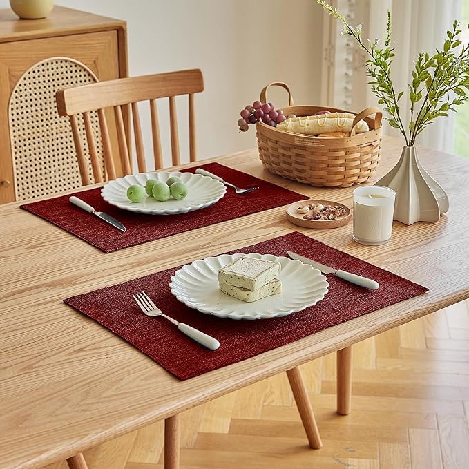 Softalker Faux Linen Placemats Set of 4-12 x 18 Inch, Heat Resistant Double Layered Durable Burlap Farmhouse Place Mats, Non-Slip Washable Rustic Table Mats for Dining, Kitchen, Party竊늃ed