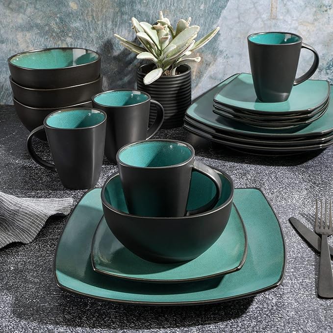 Gibson Elite Soho Lounge 16-Piece Reactive Glaze Dinnerware Set ??Teal and Black Tutone Stoneware Plates and Bowls