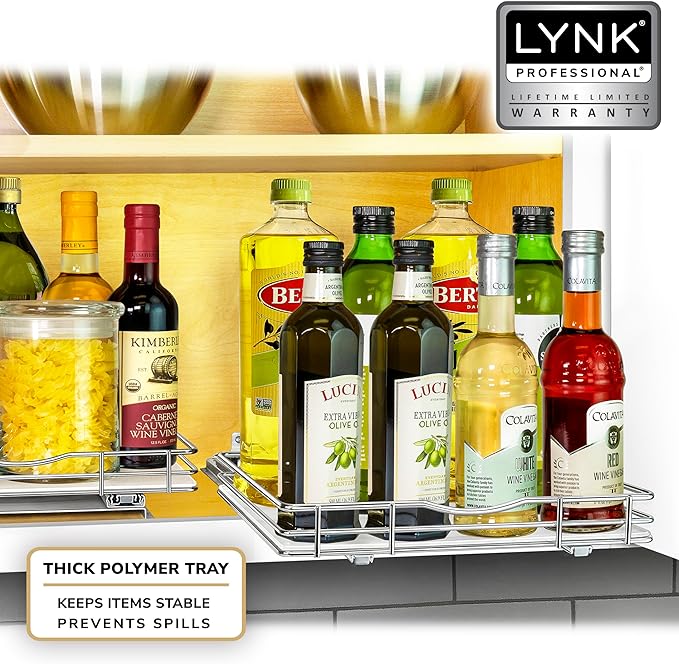 LYNK PROFESSIONAL짰 Pull Out Spice Rack Organizer for Inside Kitchen Cabinets - 12-3/8 inch Wide - Slide Out Drawer ??Chrome Sliding Spice Cabinet Organization Shelf Racks - 1 Tier