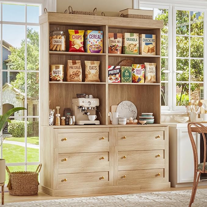 Vyre 71" Farmhouse Kitchen Pantry Cabinet Set of 2, Brown Freestanding Coffee Bar Hutch with Drawers & Adjustable Shelves, Large Storage Cabinet with Microwave Stand for Living Room & Kitchen