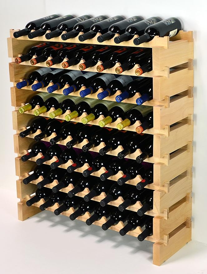 Modular Wine Rack Pine Wood 32-96 Bottle Capacity Storage 8 Bottles Across up to 12 Rows Stackable Newest Improved Model (64 Bottles - 8 Rows)