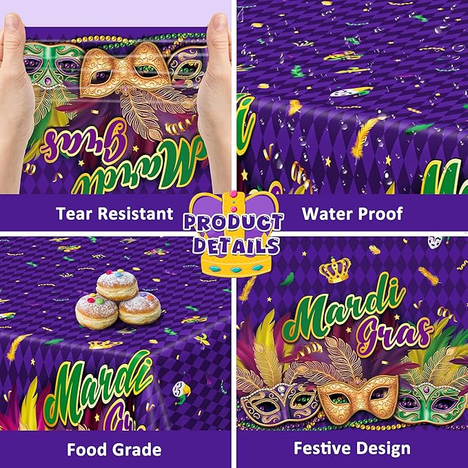 6 Pcs Mardi Gras Decorations, 54 X 108 Inches Mardi Gras Tablecloth Rectangular Table Cover, Disposable Purple Masquerade Mask Feather Tablecover, Plastic Tablecover For Masquerade Party Decorations