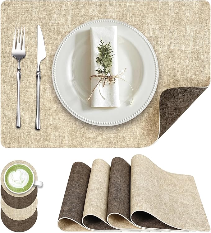 Fyvva Placemats Set of 4, Faux Leather Heat Resistant Wipeable Placemats, Dual Sided Waterproof Washable Table Mats with Coaster, Suitable for Kitchen, Dining, Table Decor (4, Beige Dark Coffee)