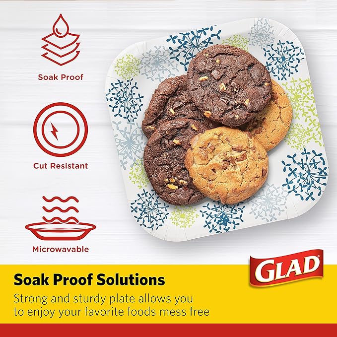 Glad Square Disposable Paper Plates, Blue Hydrangea Pattern - Strong, Sturdy, Soak Proof, and Microwavable Decorative Plates for Dinner and Everyday Use, 7 Inch, 50 Count - 12 Pack