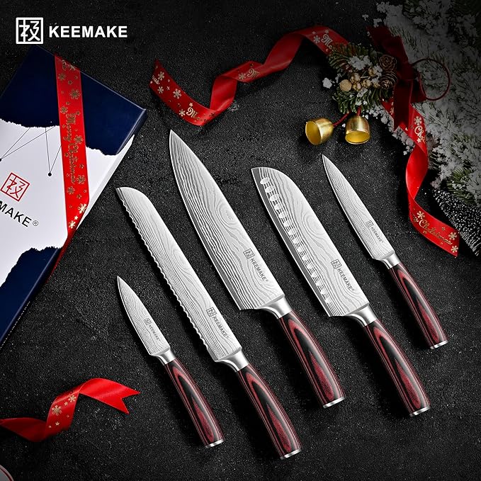 KEEMAKE Knife Set 5 Pieces, Professional Kitchen Knife Set, High Carbon Stainless Steel Chef Knife Set, Ultra Sharp Blade Knives Set for Kitchen with Ergonomic Pakkawood Handle & Gift Box