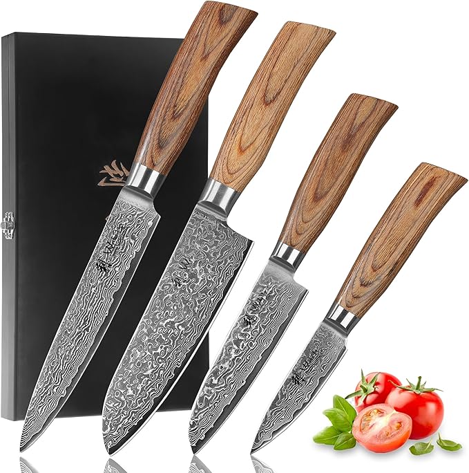 Wakoli EDIB Pro 4-Piece Damascus Knife Set ??Professional Chef Knives Set with VG10 Core Blades, 67-Layer Damascus Steel and Ergonomic Pakkawood Handles ??Premium Kitchen Knives in Elegant Gift Box