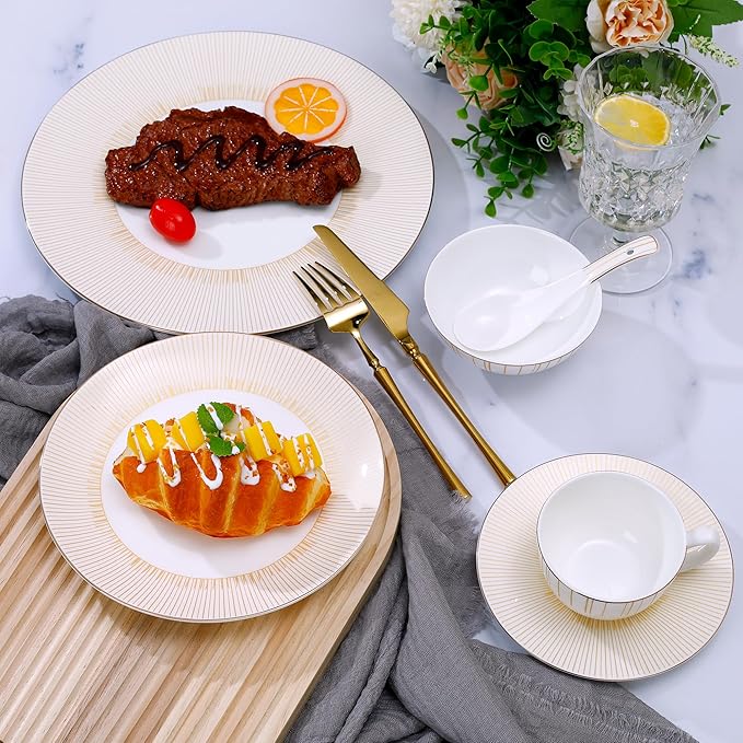 24 Piece White Porcelain Dinnerware Set for 4, Sunburst Design Plates and Bowls Sets with Gold Rim,Highly Chip and Crack Resistant | Dishwasher Safe Dishes Set