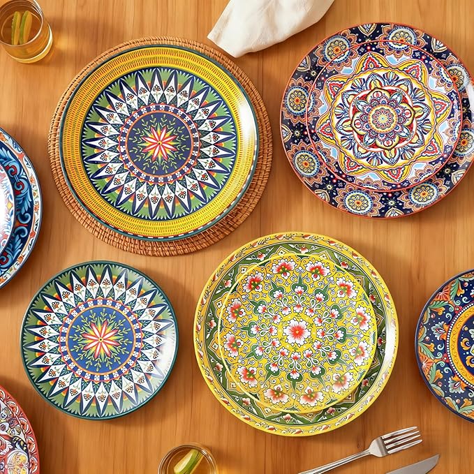 6-Piece Bohemian Dinner Plate Set, 10-Inch Large Plates, Suitable for Salad, Fruit, Pasta, and Main Courses, Party Tableware Set, Dishwasher and Microwave Safe