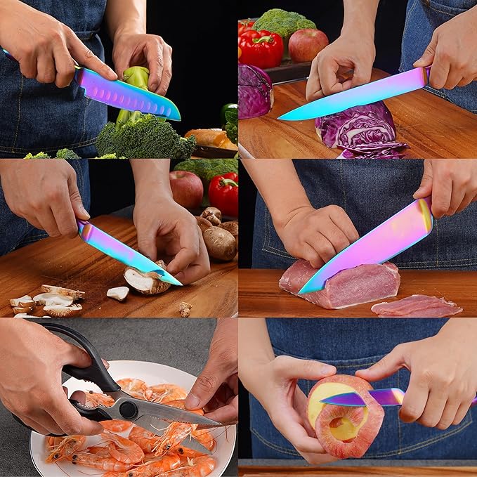 WELLSTAR Rainbow Knife Set 8 Pieces, Iridescent German Stainless Steel Kitchen Knives Set with Wooden Block, Colorful Titanium Coating, Chef?셲 Knife Block Set with Scissors and Built-in Sharpener