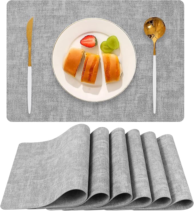 Boobezeen Faux Leather Placemats Set of 6, Heat Resistant Wipeable Washable Vinyl Place Mats, Waterproof Anti-Slip Dining Table Mats, Suitable for Indoor & Outdoor Use (Light Grey)