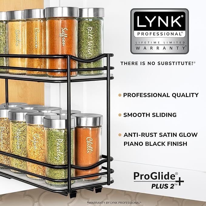 LYNK PROFESSIONAL짰 Pull Out Spice Rack Organizer for Inside Kitchen Cabinets - 4-3/8 inch Wide - Slide Out Drawer ??Black Sliding Spice Cabinet Organization Shelf Racks - 2 Tier