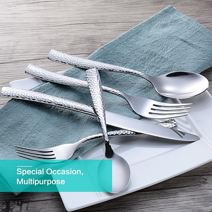 Flatware Silverware Set Hammered Mirror Polished Stainless Steel 20 Piece Set for Home Kitchen Restaurant Hotel Housewarming Wedding Gift Service for 4
