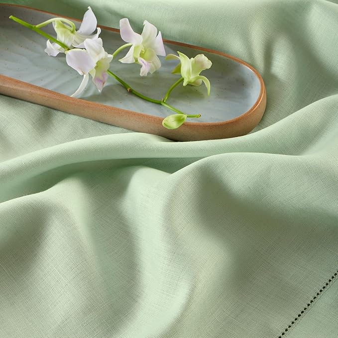 Solino Home Linen Tablecloth for Rectangle Tables 60 x 90 Inch - Classic Hemstitch 100% Pure Linen Light Green Table Cloth - Machine Washable Cloth Tablecloth for Spring, St Patricks Day, Easter