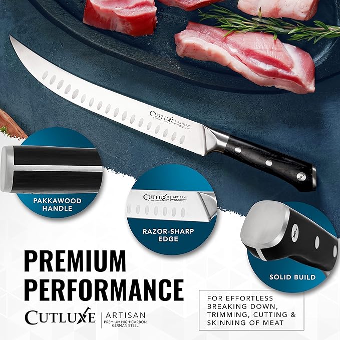 Cutluxe Butcher Knife ??10??Cimeter Breaking Knife, Razor Sharp Forged High Carbon German Steel, Full Tang Meat Carving Knife, Ergonomic Handle Design, Grilling Gifts for Men ??Artisan Series