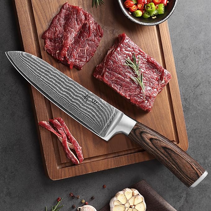 Wakoli EDIB 3-Piece Damascus Kitchen Knife Set in Wooden Gift Box ??Sharp Knives Set made of Genuine Damascus Steel (VG10 Core) ??Santoku, Small Santoku & Paring Knife ??Ergonomic Pakkawood Handles