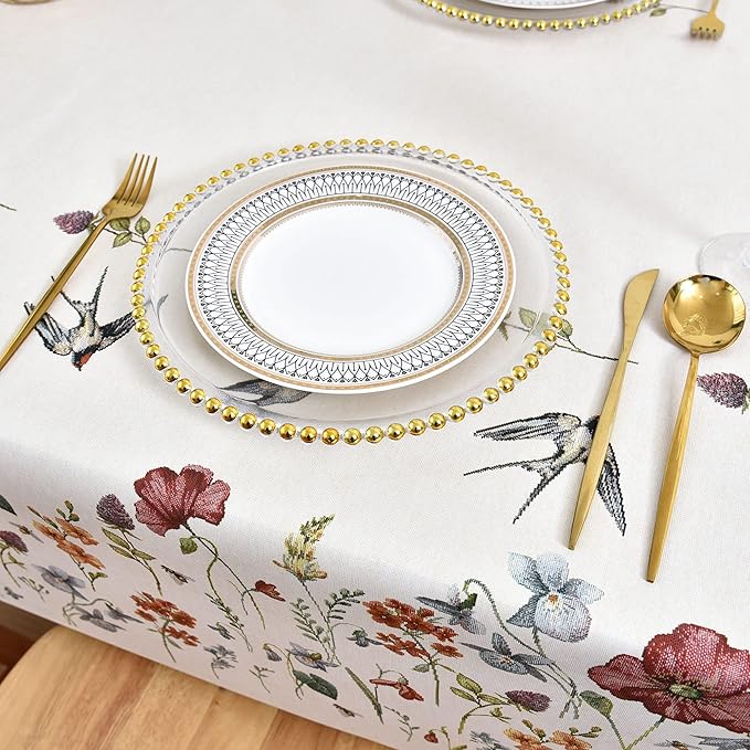 LOHASCASA Plastic Table Cloth Vinyl Rustic Waterproof Oblong Tablecloth Heavy Weights PVC Oilcloth Tablecloths for Rectangle Tables Spillproof Wipeable Patio Tables Cover 54 x 84 Ivory Floral Bird
