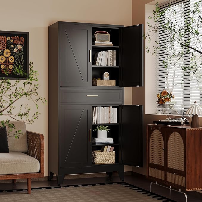 71" H Metal Kitchen Pantry Cabinet with Drawers,Black Kitchen Storage Cabinets with Doors,Tall Pantry Food Storage Cabinets,Large Freestanding Cabinets for Dining Room, Living Room