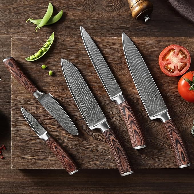 Wakoli EDIB 5-Piece Damascus Knife Set ??Professional Chef Knives Set with VG10 Core Blades, 67-Layer Damascus Steel and Ergonomic Pakkawood Handles ??Premium Kitchen Knives in Wooden Gift Box