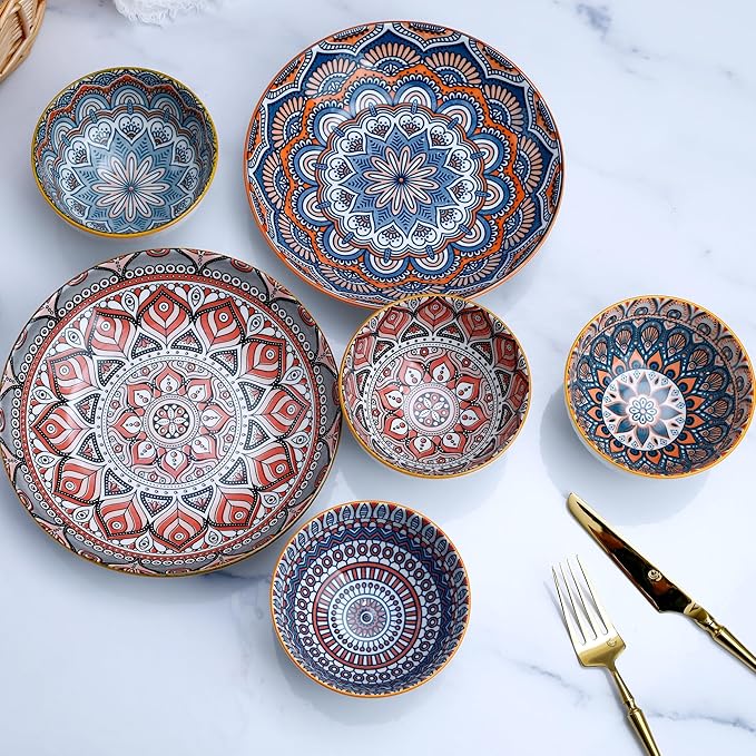 Bohemian Style Porcelain Dinnerware Set, 12-Piece Plates & Bowls, Microwave & Dishwasher Safe, Unique Pattern Gift Set