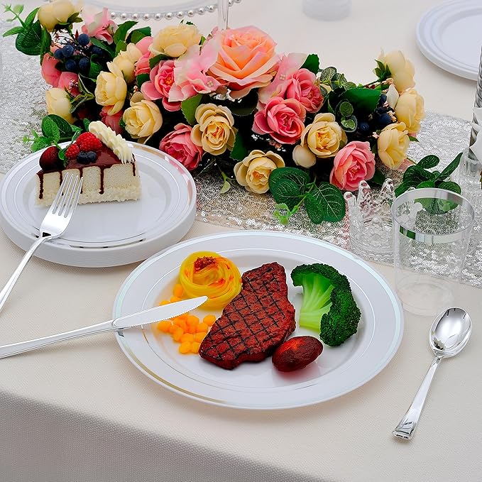 700 PCS Silver Plastic Dinnerware for 100 Guests, Silver Disposable Plate for Party Wedding with 100 Dinner Plates, 100 Dessert Plates, 100 Silverware Set, 100 Cups, 100 Napkins