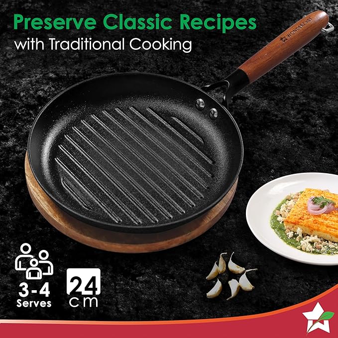 Wonderchef Pre-Seasoned Ferro Light Grill Pan 2.5MM Acacia Wooden Handles Gravity Moulding Technology No Chemical Coating 10 Year 24 cm Black
