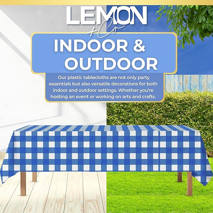 LEMON + Co. Blue Gingham Rectangle Table Cover Disposable Plastic Tablecloth 54 Inch. x 108 Inch. Premium Decorative Rectangle Table Cover 20 Pack