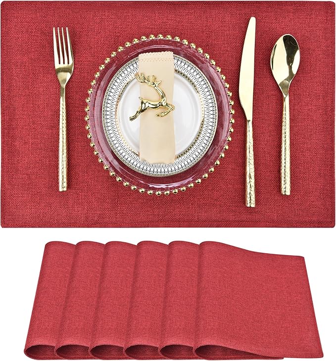 SLKQG Christmas Linen Fabric Placemats Set of 6 - Holiday Dining Table Mats for Festive Decor, Heat Resistant & Machine Washable, Place Mats for Dinner Parties, Xmas Gift for Home (6, Wine Red)