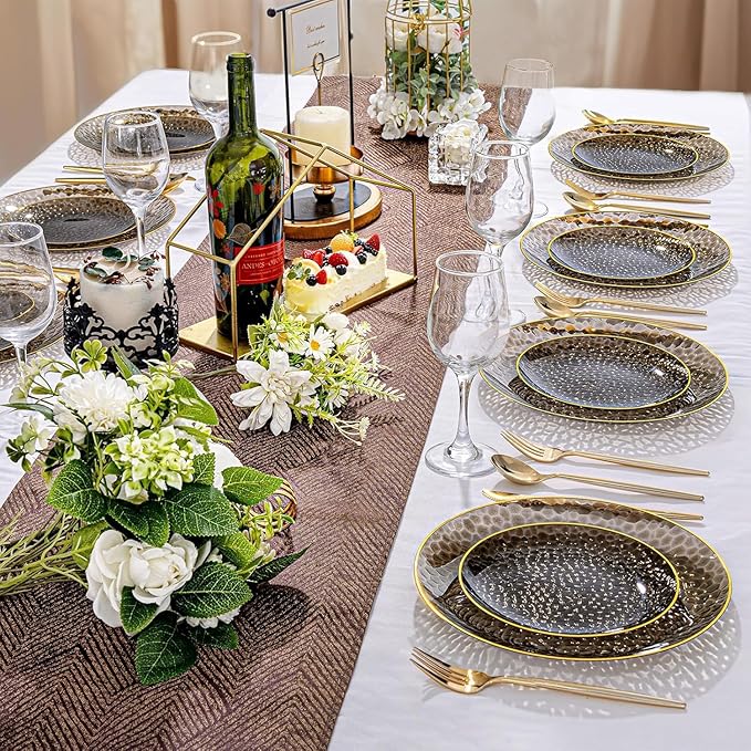 Rubtlamp 60Pcs Black Plastic Plates, Black Disposable Plates With Gold Rim, Clear Heavy-duty Party Plates, Hammered Plastic plates Include 30 Dessert Platos, 30 Dinner Platos for Party, New Year