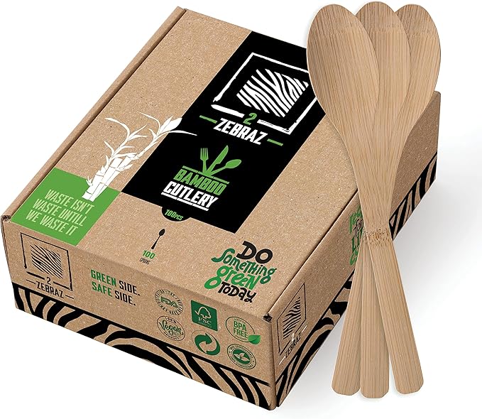 2ZEBRAZ Bamboo Cutlery Set ??100 Disposable Spoons | Reusable Smooth Flatware, Heavy-Duty Natural Utensils for Dining and Entertaining