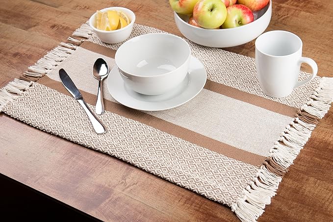 Sticky Toffee Cotton Placemats Set of 4 ??Tan Woven 14x19 in Table Mats for Kitchen or Dining Table, Boho Style, Washable Cloth Placemats