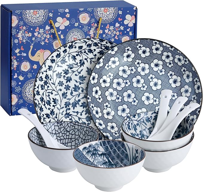 Cherry blossoms Ceramic Dinnerware Set for 2, 10-Piece Stoneware Plates and Bowls Microwave Safe, Elegant Blue Gift Box