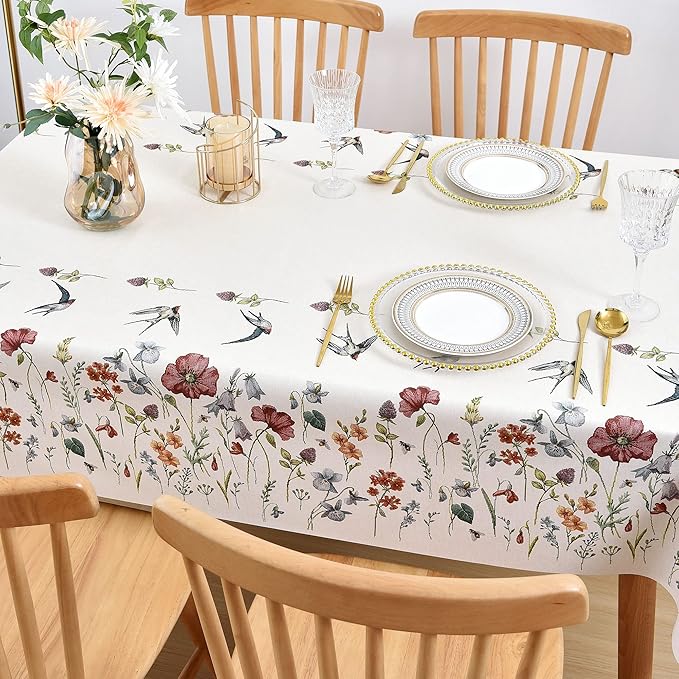 LOHASCASA Vinyl Rectangle Tablecloth Farmhouse Summer Vinyl Oil Cloth Table Cover Plastic Waterproof Tablecloths Spillproof Wipeable PVC Table Cloth for Kitchen Tables 54 x 70 Beige Floral Bird