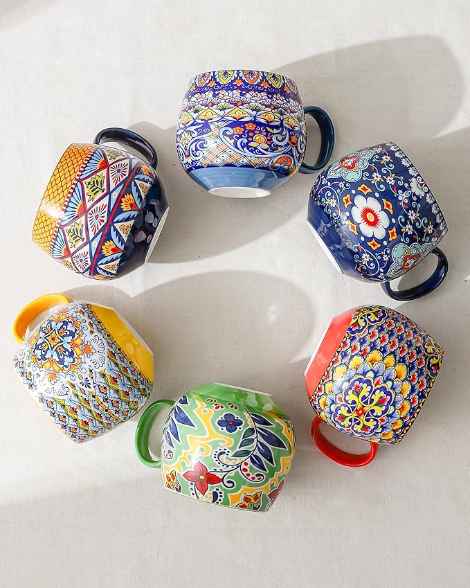 HENXFEN LEAD Boho Ceramic Coffee Mugs Set of 6 ??20 oz Large Porcelain Cups for Latte, Cappuccino, Tea, Cocoa & Soup ??Microwave & Dishwasher Safe