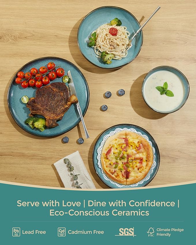 32 Piece Dinnerware Set for 8 with Pasta Bowls, Green Black Reactive Glaze Stoneware | All?멼n?멟ne Host Set for Entertaining, Holiday Meals, Multi?멌ourse Dinners | Unique Irregular Coastal Look