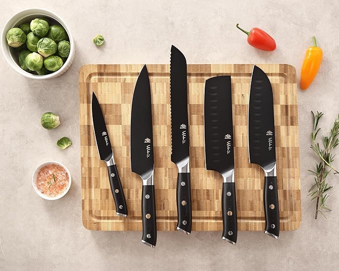 Wakoli Titanium Noir Knife Block Set ??5-Piece Chef Knife Set with Magnetic Acacia Block | 5Cr15MoV Stainless Steel Blades with Black Titanium Coating | Ergonomic G10 Handles | Kitchen Knives Gift Set