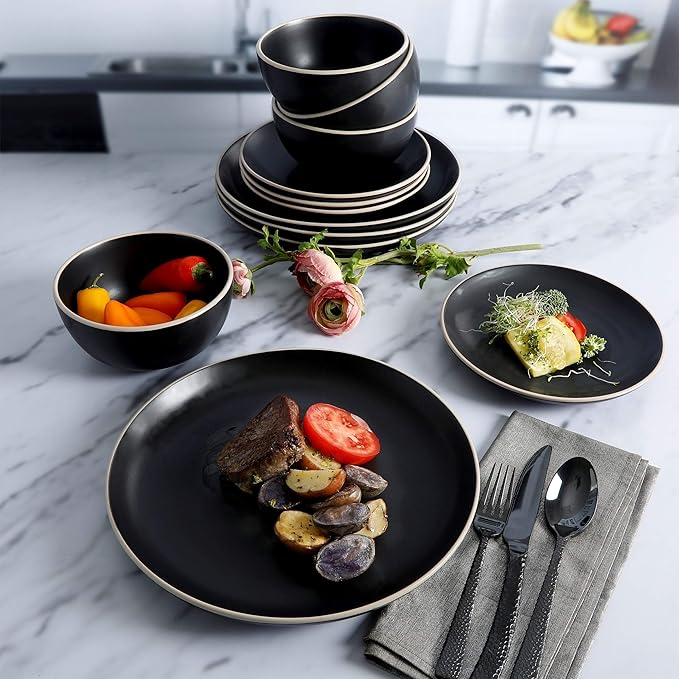 Gibson Home Rockaway 12-Piece Stoneware Dinnerware Set, Service for 4 ??Modern Round Plates and Bowls, Dishwasher & Microwave Safe, Black