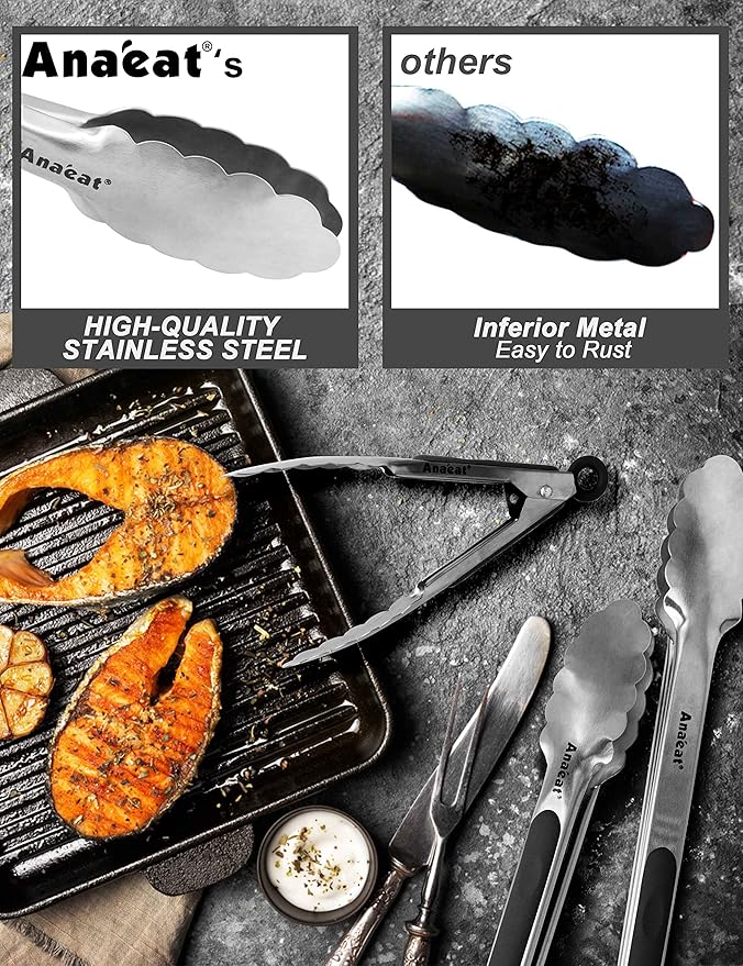 Anaeat Premium Stainless Steel Kitchen Tong Set of 2 - Sturdy Coiled Spring 9" and 12" Locking Food Tong with Non-Slip Silicone Grip for Cooking, Baking, Grilling, BBQ - Heat Resistant up to 480째F