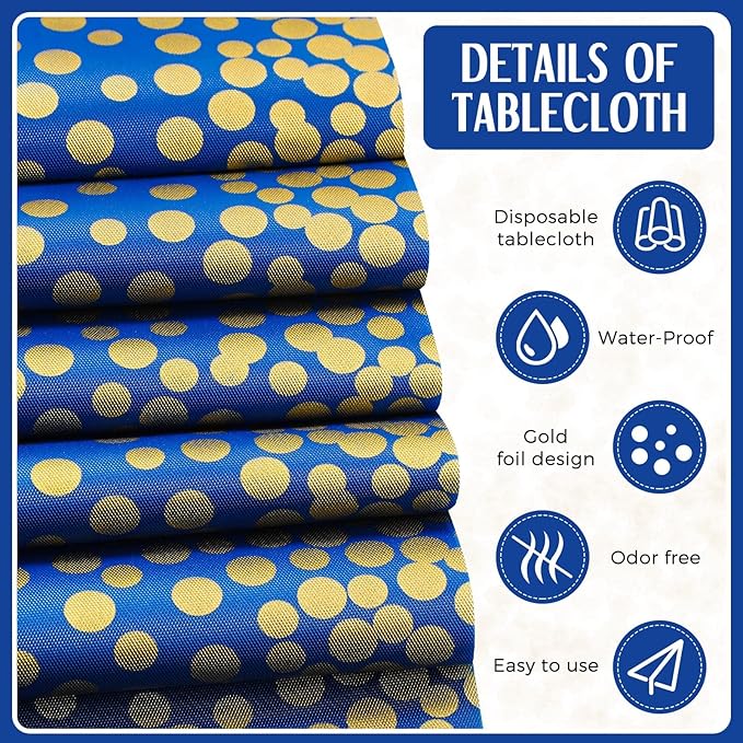 Tudomro 16 Pcs Gold and Dark Blue Disposable Plastic Tablecloths and Satin Table Runner Set 54x108 Inch Tablecloth 12x108 Inch Table Runners for New Year Wedding Birthday Baby Shower Graduation