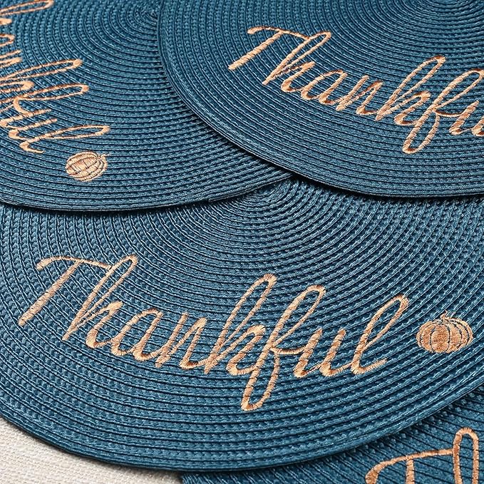 FunWheat Round Placemats Set of 6 Table Mats for Thanksgiving Tables Washable Non-Slip Place mats 15 Inch for Fall(Thankful,6pcs)