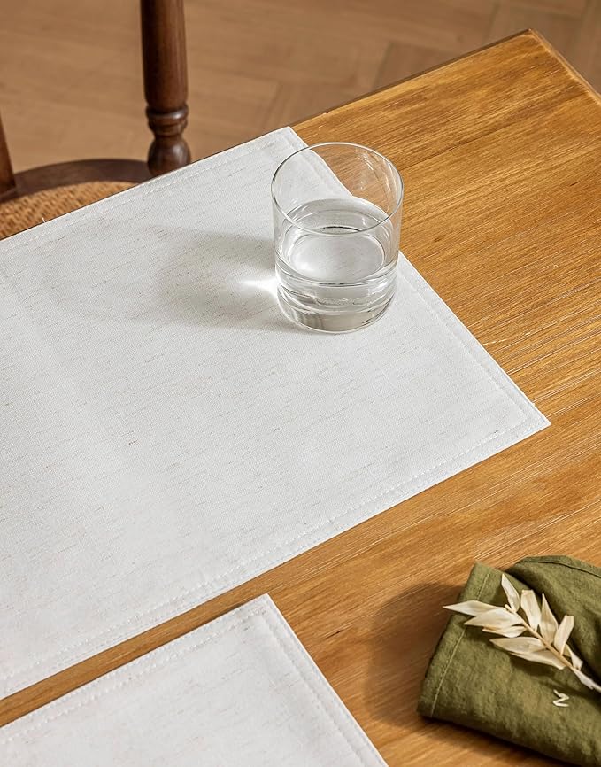 Placidy Set of 8 Cream Linen Placemats Table Placement Mats Plate Coasters for Dining Table Water Repellent Rectangular Farmhouse Modern 12x18 Inch