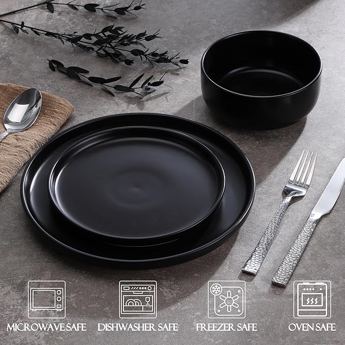 LIANYU Plates and Bowls Sets for 8, 24 Piece Stoneware Dinnerware Set, Porcelain Dishware for Kitchen and Dining, Microwave Oven Dishwasher Safe, High temperature & Scratch Resistant, Matte Black