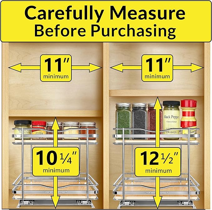 LYNK PROFESSIONAL짰 횋lite??Pull Out Spice Rack Organizer for Inside Kitchen Cabinets - 10-3/8 inch Wide - Slide Out Drawer ??Wood/Chrome Sliding Spice Cabinet Organization Shelf Racks - 2 Tier