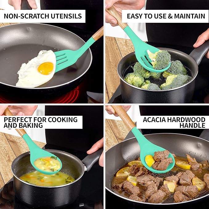 Zulay Kitchen Non-Stick Cooking Utensils Set with Authentic Acacia Wood Handles ??5-Piece Durable & Stylish Silicone Kitchen Utensils Set ??Heat Resistant to 464째F ??Mint
