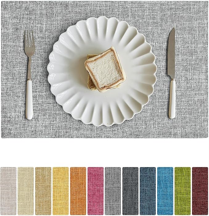 Softalker Faux Linen Placemats Set of 6-12 x 18 Inch, Heat Resistant Double Layered Durable Burlap Farmhouse Place Mats, Non-Slip Washable Rustic Table Mats for Dining, Kitchen, Party竊뉯sh Grey