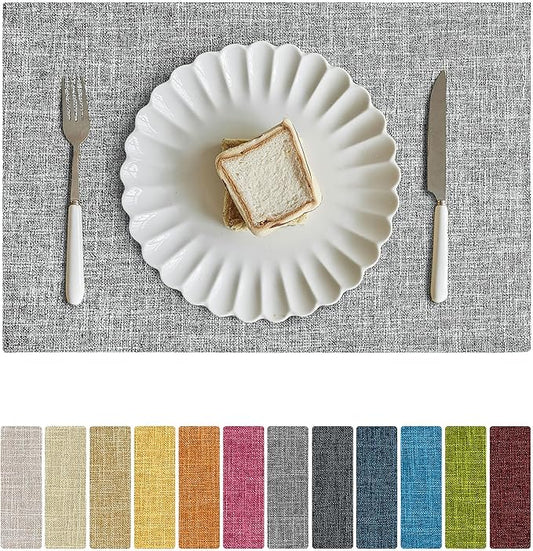 Softalker Faux Linen Placemats Set of 6-12 x 18 Inch, Heat Resistant Double Layered Durable Burlap Farmhouse Place Mats, Non-Slip Washable Rustic Table Mats for Dining, Kitchen, Party竊뉯sh Grey