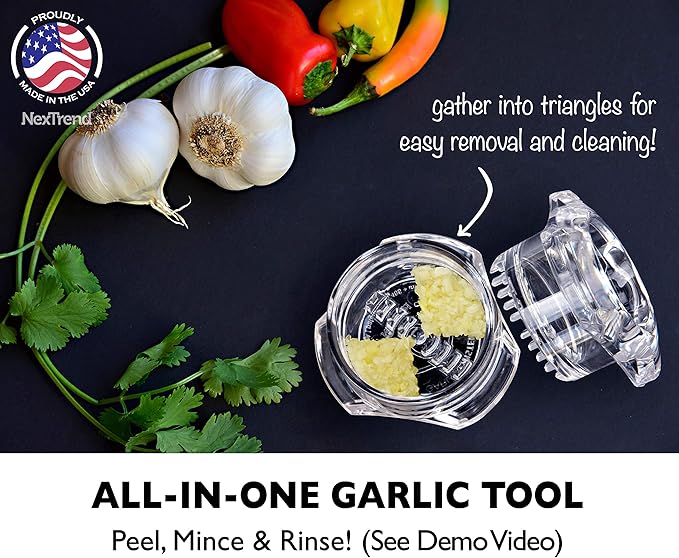 Nextrend Garlic Twister 4th Gen ??Garlic Mincer & Garlic Press in One - for Ginger, Herbs, Nuts & more, BPA-Free, Dishwasher Safe, 3?? Clove Capacity - Clear