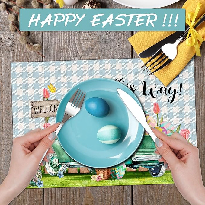 Pinata Easter Placemats Set of 4, Easter Placemats 12x18 Inch for Dining Table, Bunny Rabbit Place Mats, Farmhouse Table Decor, Rustic Table Mats