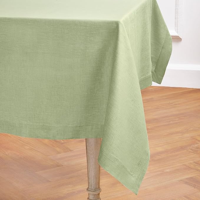 Solino Home Linen Tablecloth 60 x 156 Inch - 100% Pure Linen Chambray Olive Table Cloth for Rectangular Tables - Athena, Machine Washable Cloth Tablecloth for Christmas