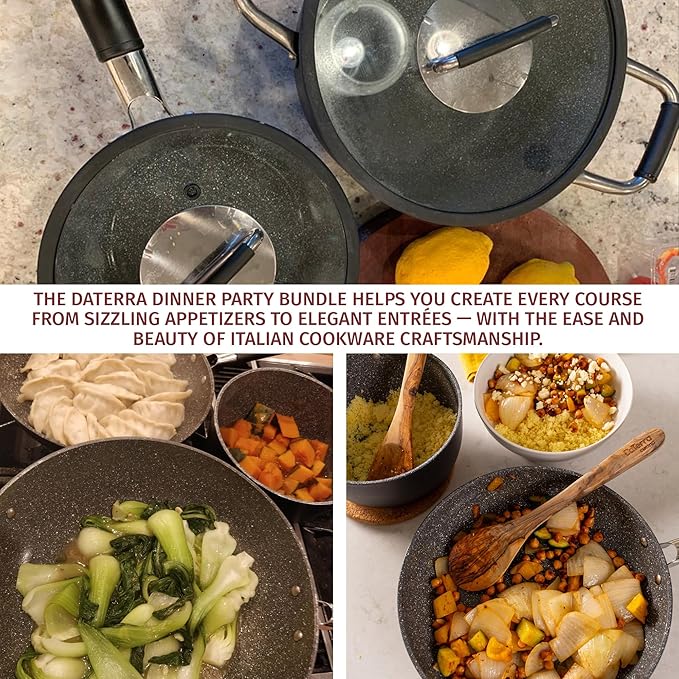 DaTerra Cucina Nonstick Dinner Party Bundle ??2.6 Qt Saucepan with Lid, 9.5" & 13" Frying Pans and 13" Wok and 8 Qt Dutch Oven with Lids, Durable Ceramic Coating, Made in Italy ??Volcanic Black